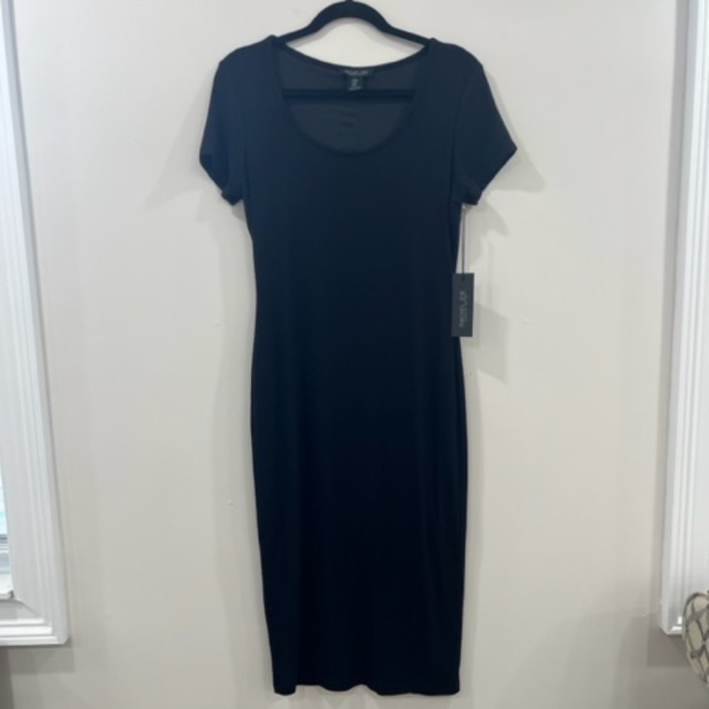 NWT Rachel Zoe Ribbed Fitted Black Midi Dress Size Medium
